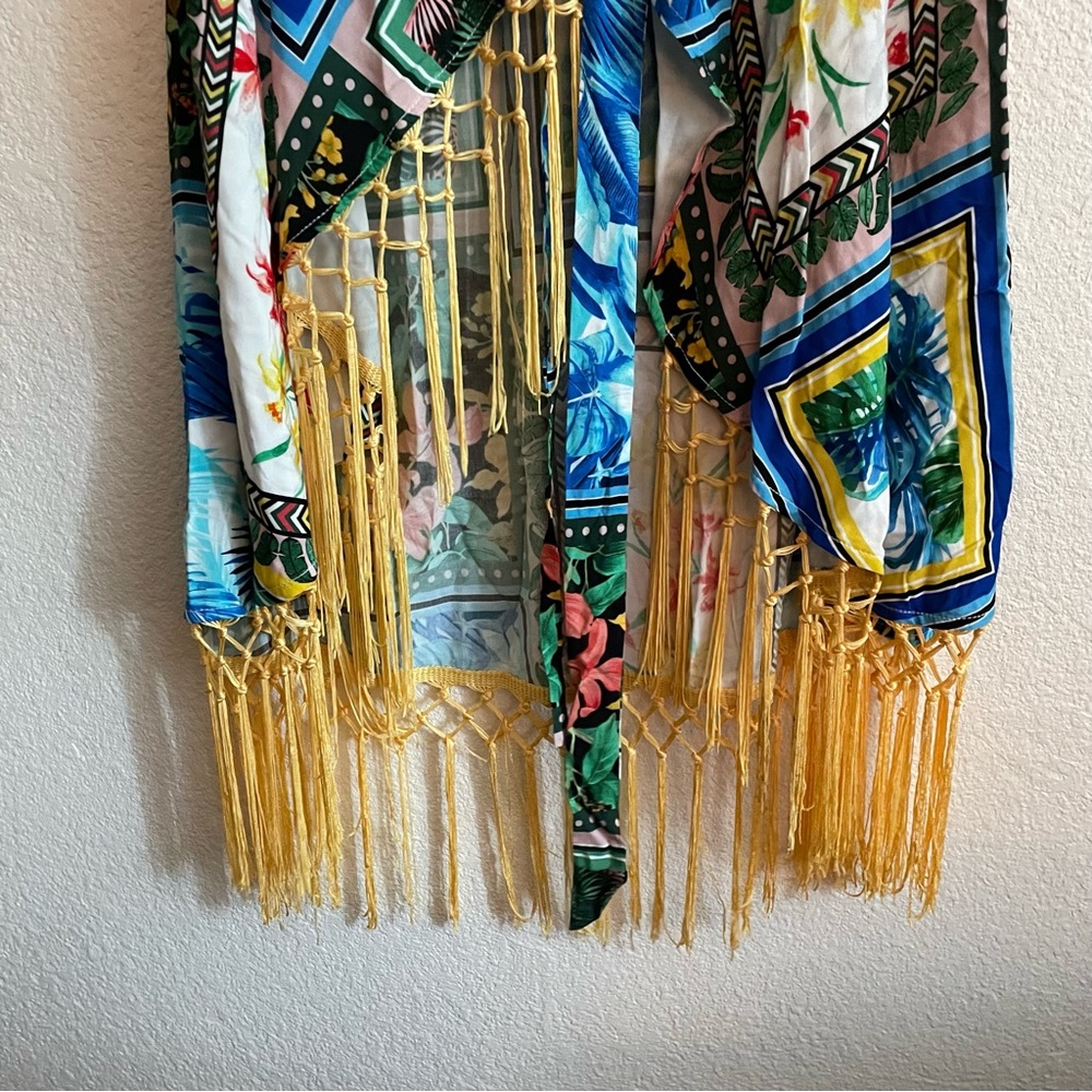 NWT Boston Proper Patchwork Fringe Wrap Dress Tropical Halter - Picture 5 of 10